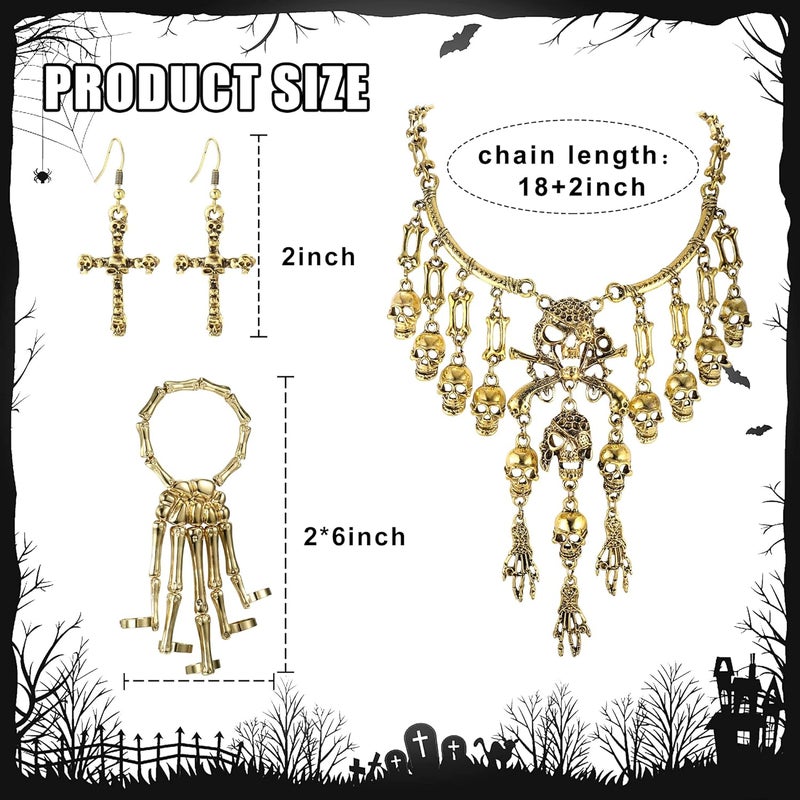 Yadoca 4Pcs Pirate Accessories For Women Multi-Level Pirate Skull Collar Bib Necklace Skull Skeleton Hand Bracelet Pirate Dangle Earrings Antique Gold Halloween Jewelry Set - Image 3
